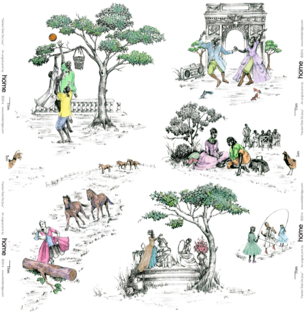 a variety of scenes featuring Black people on Sheila Bridges' Harlem Toile