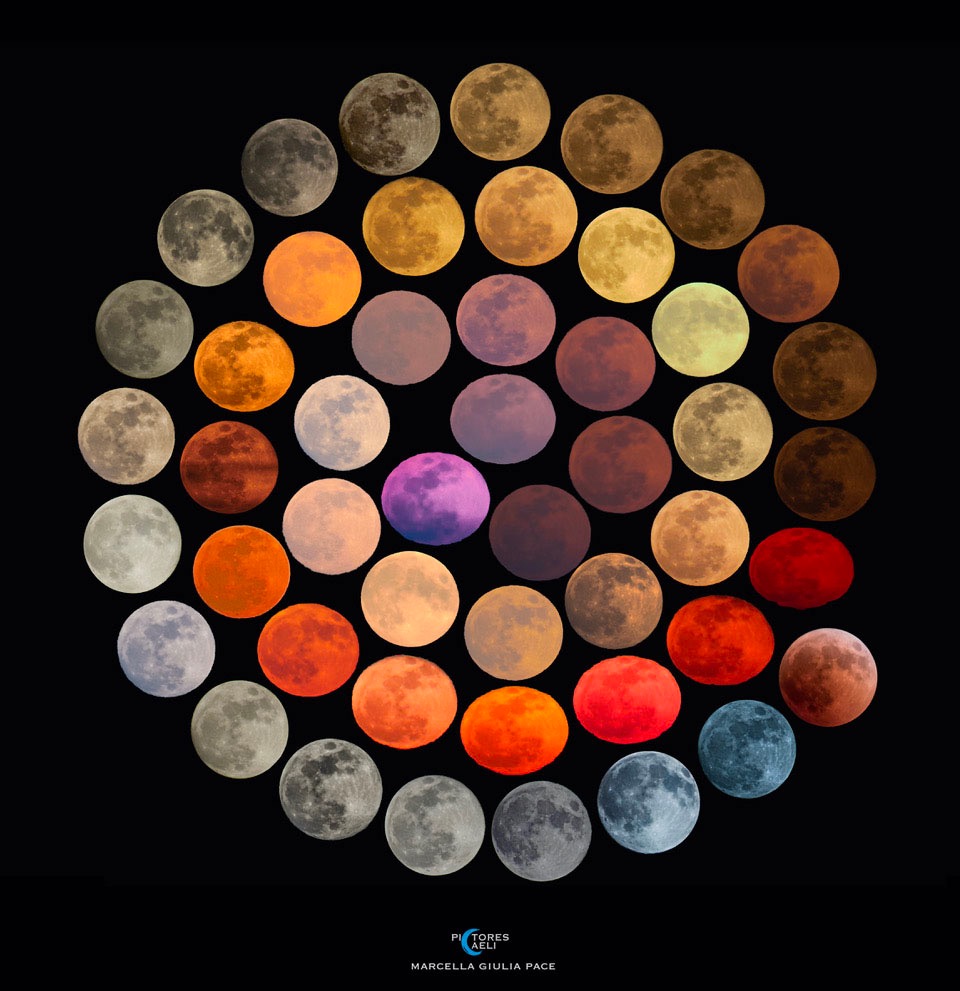 the Moon in 48 different colors, arranged in a spiral shape
