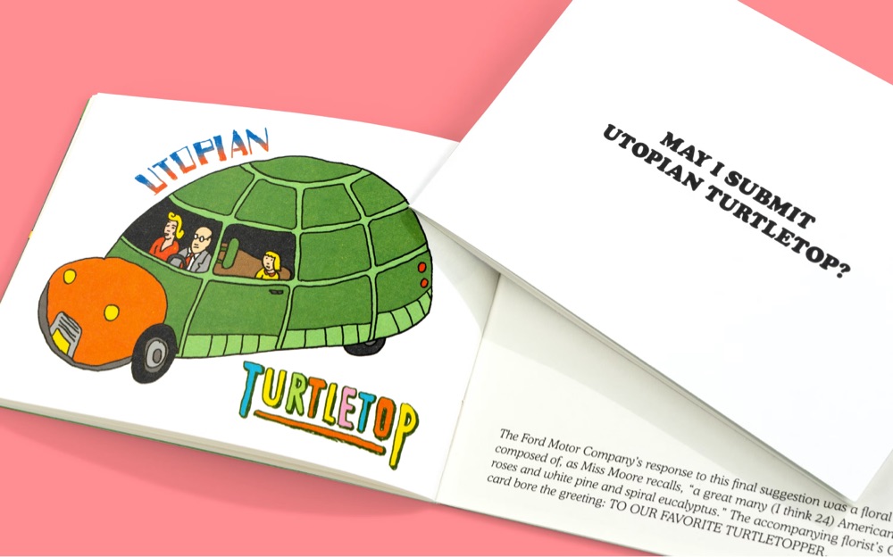 a booklet with a drawing of a car called 'Uptopian Turtletop'