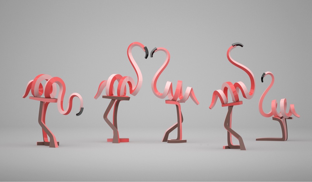 minimalist metal sculpture of flamingos
