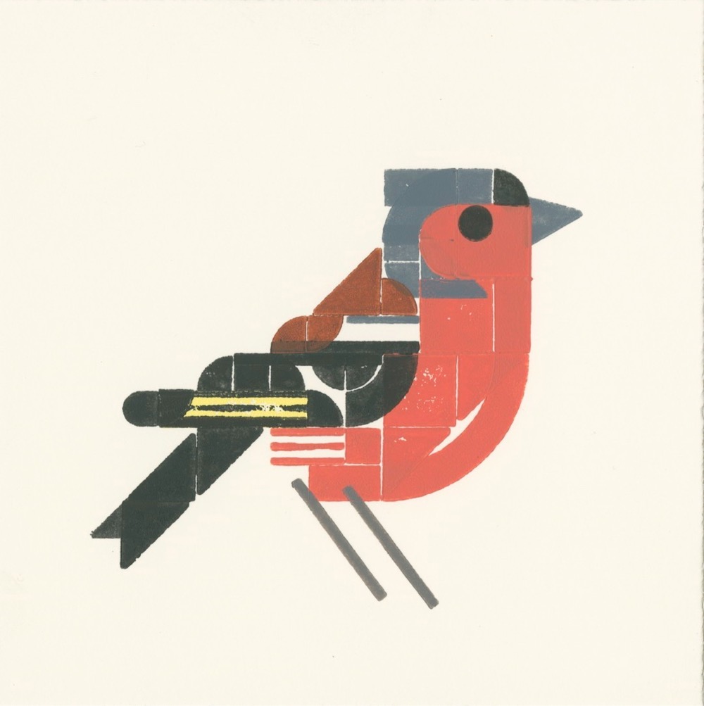 letterpress print of a bird printed using Lego bricks