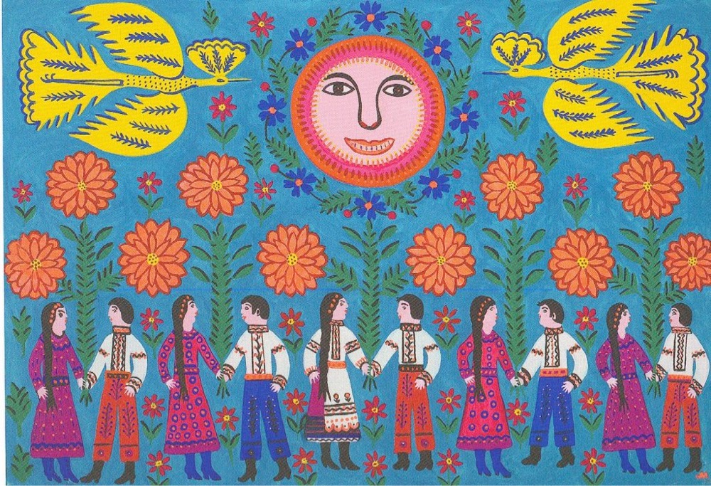 painting of people, flowers, birds, and the sun by Maria Prymachenko