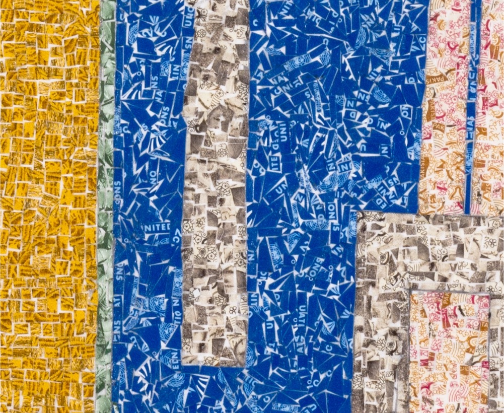 closeup of a colorful abstract scene created with fragments of postage stamps