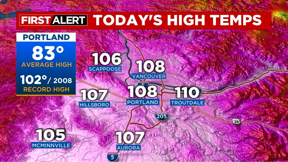 map of extreme temperatures in Portland, Oregon up to 110 degrees Fahrenheit
