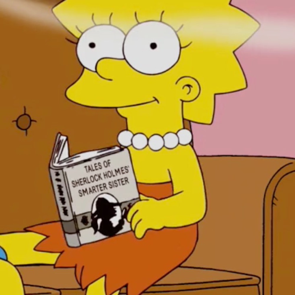 Lisa Simpson holding a book called Tales of Sherlock Holmes' Smarter Sister