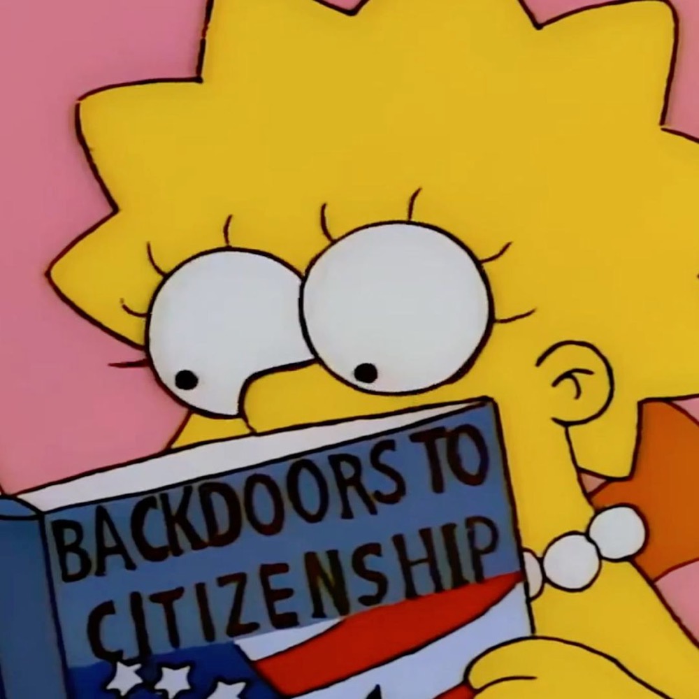 Lisa Simpson reading a book called Backdoors to Citizenship