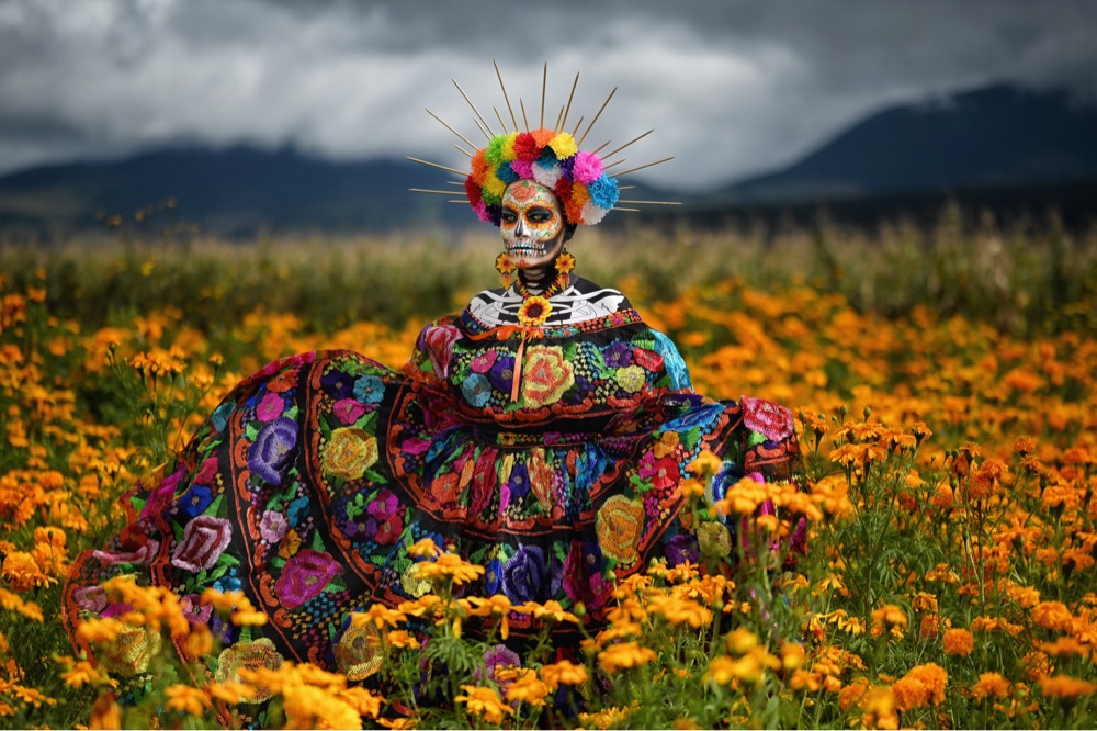 a woman with skull makeup and wearing a very colorful dress stands in a field of orange flowers