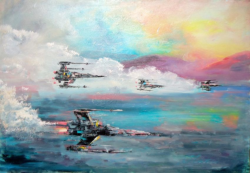 oil painting of Star Wars X-Wing fighters