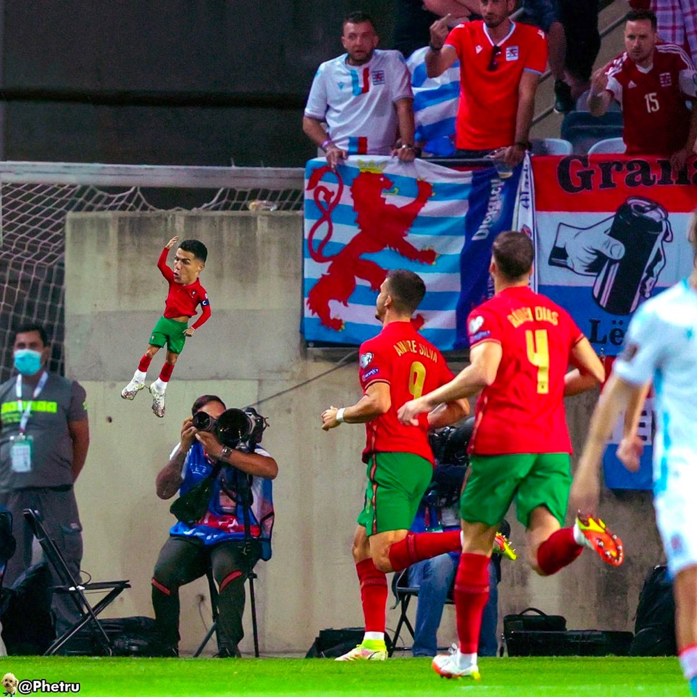 a tiny Cristiano Ronaldo celebrates scoring a goal