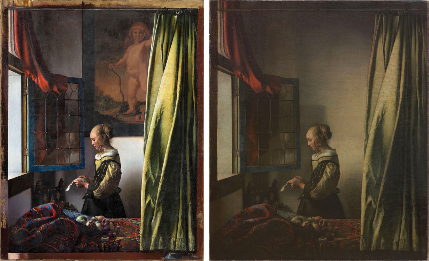 a restored version of Johannes Vermeer's painting Girl Reading a Letter at an Open Window alongside the painting before restoration